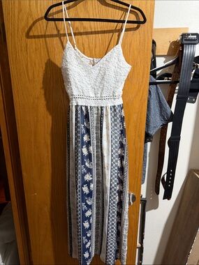Justify White Lace Bodice Navy and Cream Striped Maxi Dress